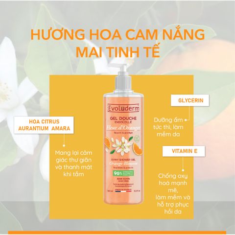 Gel Tắm Evoluderm Dưỡng Ẩm Mềm Mại Chiết Xuất Hoa Cam Orange Blossom 500ml