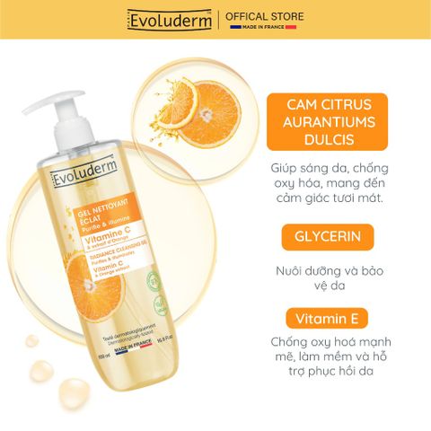 Sữa rửa mặt trắng da Evoluderm dạng gel rửa mặt, thuần chay, Vitamin C, dưỡng trắng da mặt 500ml