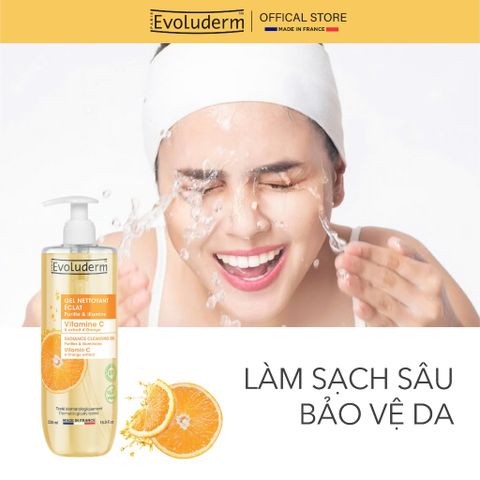 Sữa rửa mặt trắng da Evoluderm dạng gel rửa mặt, thuần chay, Vitamin C, dưỡng trắng da mặt 500ml
