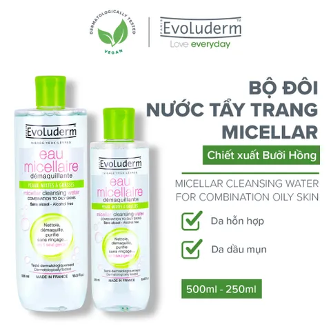 Bộ nước tẩy trang Evoluderm dành cho da dầu mụn và da hỗn hợp 500ml và 250ml