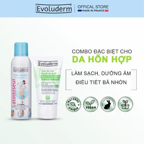 COMBO Xịt Khoáng Evoluderm Cấp Ẩm, Dịu Nhẹ Cho Mọi Loại Da 150ml & Kem Dưỡng Ẩm Ban Ngày Evoluderm 50ml