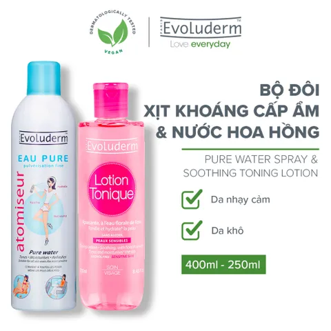 Combo Xịt Khoáng Evoluderm 400ml và Nước hoa hồng Evoluderm cho da nhạy cảm 250ml