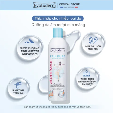 Bộ xịt khoáng dưỡng da cấp ẩm Evoluderm Atomiseur Eau Pure 400ml và 150ml