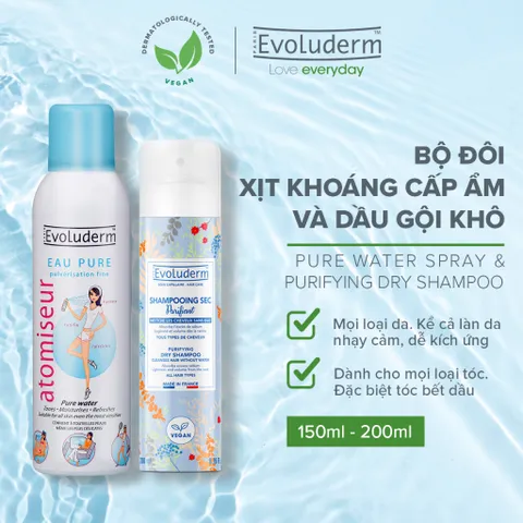 [COMBO DU LỊCH] Combo Xịt khoáng dưỡng ẩm Evoluderm 150ml và Gội Khô tiện lợi cho mái tóc bồng bền Evoluderm 200ml