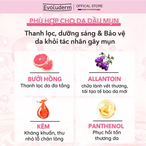 Nước Tẩy Trang Evoluderm Anti-Imperfections Chiết Xuất Bưởi Hồng, Công Thức Đặc Biệt Dành Da Dầu Mụn 250ml(20389)