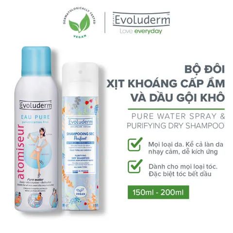 [COMBO DU LỊCH] Combo Xịt khoáng dưỡng ẩm Evoluderm 150ml và Gội Khô tiện lợi cho mái tóc bồng bền Evoluderm 200ml