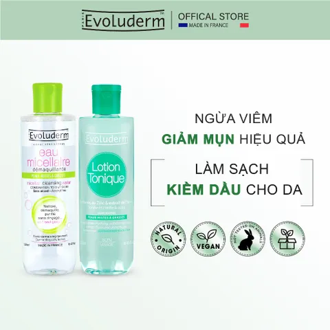 Combo chăm da hỗn hợp dầu mụn với nước hoa hồng và nước tẩy trang Evoluderm 250ml