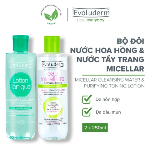 Combo chăm da hỗn hợp dầu mụn với nước hoa hồng và nước tẩy trang Evoluderm 250ml