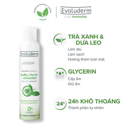 Xịt khử mùi toàn thân Evoluderm chiết xuất Trà Xanh và Dưa Leo ngăn khuẩn gây mùi suốt 24h - 200ml (20377)