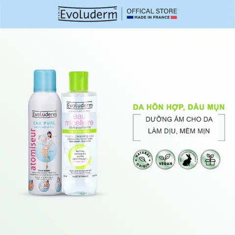 COMBO Xịt Khoáng Evoluderm PURE WATER 150ml Và Nước Tẩy Trang EVOLUDERM MICELLAR CLEANSING 250ml