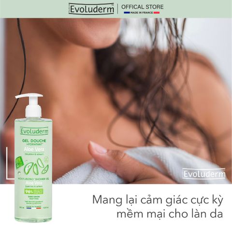 Gel Tắm Dưỡng Da MOISTURIZING* SHOWER GEL ALOE VERA QUENCHES & SOFTENS Evoluderm 500ml