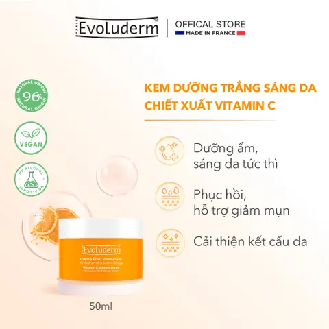 Kem dưỡng EVOLUDERM VITAMIN C GLOW CREAM hỗ trợ trắng sáng da Evoluderm chiết xuất Vitamin C 50ml