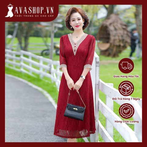 Đầm Dài Cổ V Thanh Lịch Phối Ren Cho Mẹ VH26