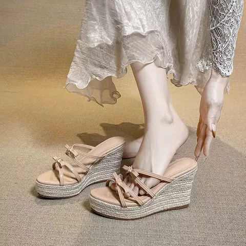 Dép Đế Xuồng Cói Quai Đính Nơ Điệu Đà Cho Nữ AG09