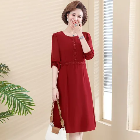 Đầm Midi Dài Trung Niên Cổ Tròn Cho Mẹ VH107