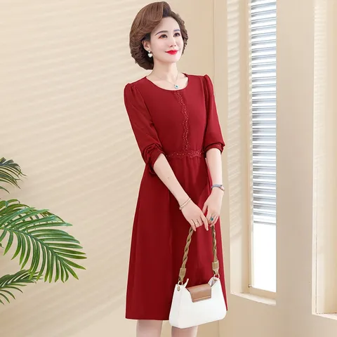 Đầm Midi Dài Trung Niên Cổ Tròn Cho Mẹ VH107