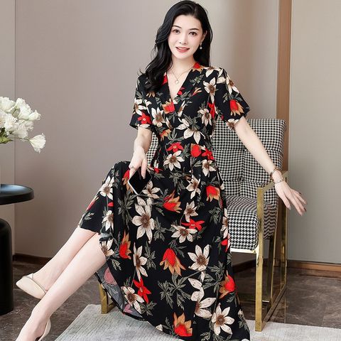 Đầm Cotton Lụa Mềm Mát  Cổ V In Hoa Thanh Lịch VH06