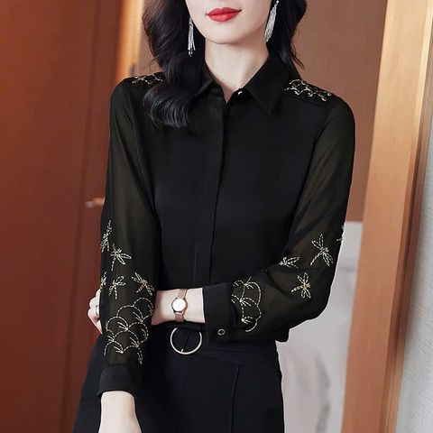Áo Sơ Mi Nữ Công Sở Đen Phối Ren Thêu Ngọt Ngào SM15