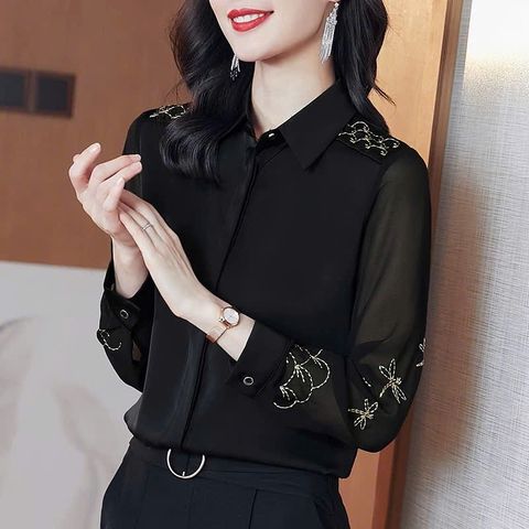 Áo Sơ Mi Nữ Công Sở Đen Phối Ren Thêu Ngọt Ngào SM15