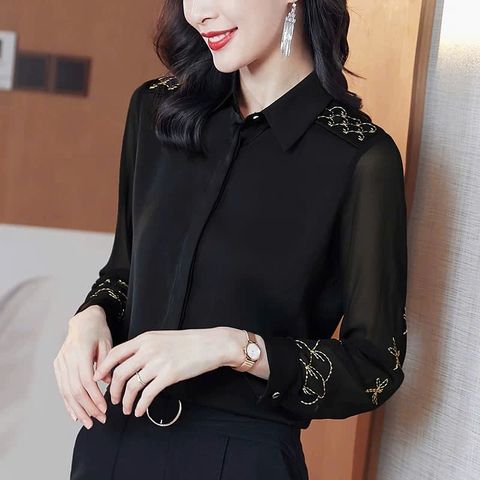 Áo Sơ Mi Nữ Công Sở Đen Phối Ren Thêu Ngọt Ngào SM15