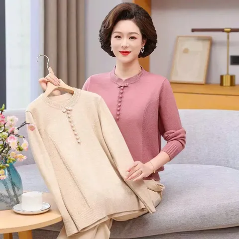 Áo Len Cổ Tròn Cài Nút Mùa Thu Đông Ấm Áp Cho Mẹ AL117