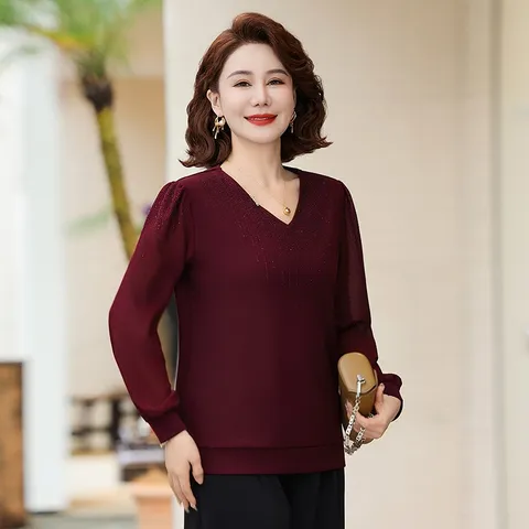 Áo Thun Dài Tay Xuân Thu Cổ V Che Bụng Cho Nữ Trung Niên SM102