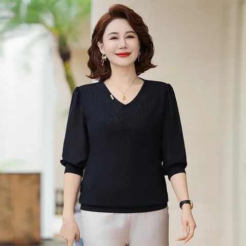 Áo Thun Dài Tay Xuân Thu Cổ V Che Bụng Cho Nữ Trung Niên SM102