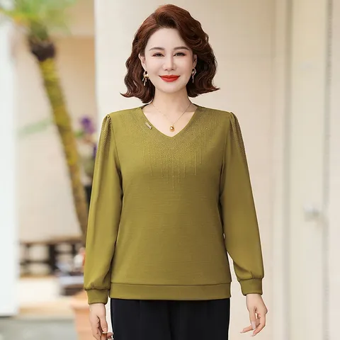 Áo Thun Dài Tay Xuân Thu Cổ V Che Bụng Cho Nữ Trung Niên SM102