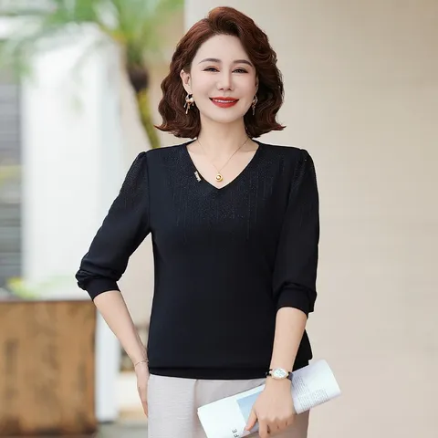 Áo Thun Dài Tay Xuân Thu Cổ V Che Bụng Cho Nữ Trung Niên SM102