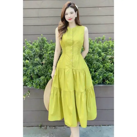 Đầm Xanh Bơ Vintage Sát Nách Cổ Tròn Nhún Eo Dáng Xòe Cho Nữ VH09
