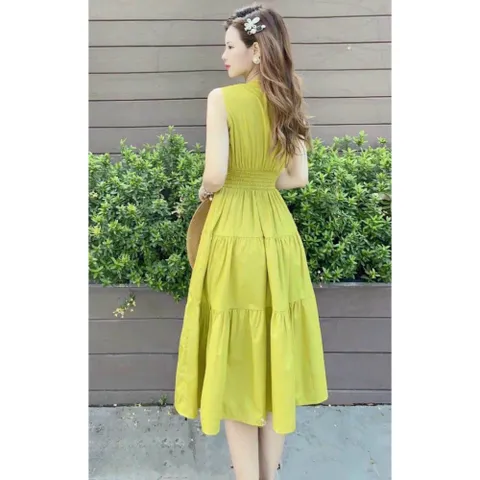 Đầm Xanh Bơ Vintage Sát Nách Cổ Tròn Nhún Eo Dáng Xòe Cho Nữ VH09