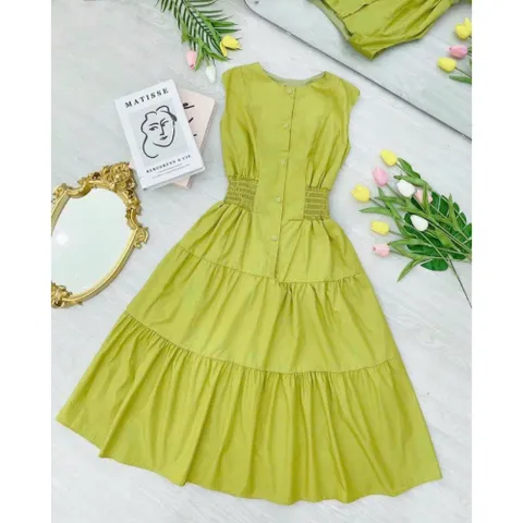 Đầm Xanh Bơ Vintage Sát Nách Cổ Tròn Nhún Eo Dáng Xòe Cho Nữ VH09