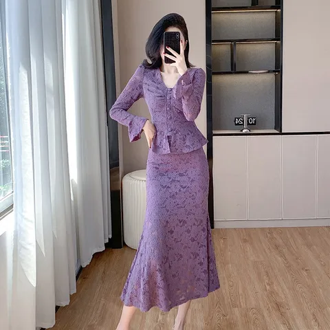 Set Đầm Hai Mảnh Ren Cổ V Đuôi Cá Thời Trang Điệu Đà Cho Nữ VH94