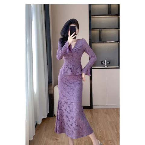 Set Đầm Hai Mảnh Ren Cổ V Đuôi Cá Thời Trang Điệu Đà Cho Nữ VH94