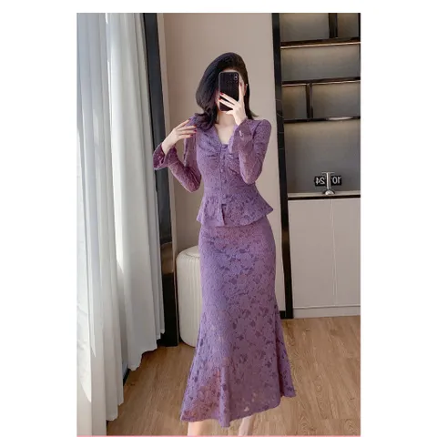 Set Đầm Hai Mảnh Ren Cổ V Đuôi Cá Thời Trang Điệu Đà Cho Nữ VH94