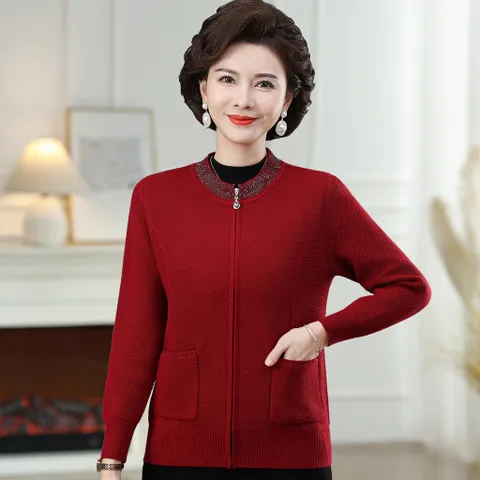 Áo Khoác Len Dệt Kim Thu Đông Có Khóa Kéo Cho Nữ Trung Niên AL126