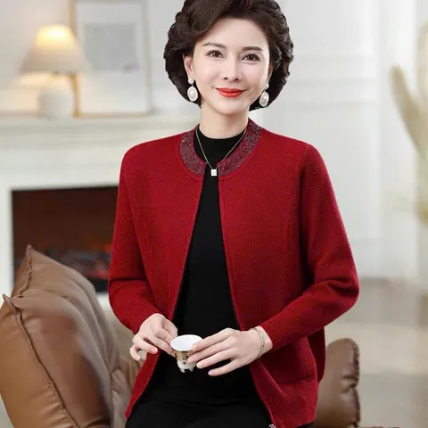 Áo Khoác Len Dệt Kim Thu Đông Có Khóa Kéo Cho Nữ Trung Niên AL126