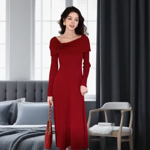 Đầm Dệt Kim Lệch Vai Cổ Điển Phong Cách Pháp Mùa Thu Đông AL09