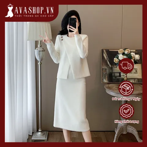 Set Đầm Hai Mảnh Dệt Kim Giả Lông Chồn Cao Cấp Quý Cô Sang Chảnh VL03