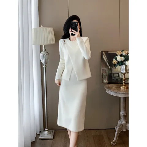 Set Đầm Hai Mảnh Dệt Kim Giả Lông Chồn Cao Cấp Quý Cô Sang Chảnh VL03