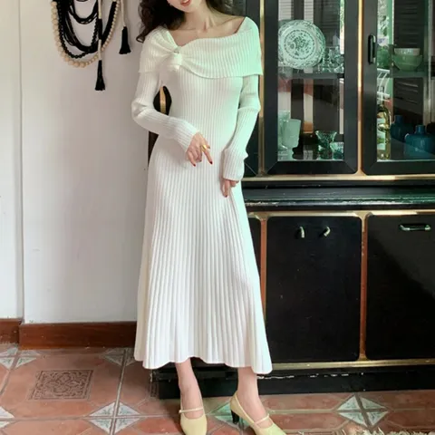 Đầm Dệt Kim Lệch Vai Cổ Điển Phong Cách Pháp Mùa Thu Đông AL09