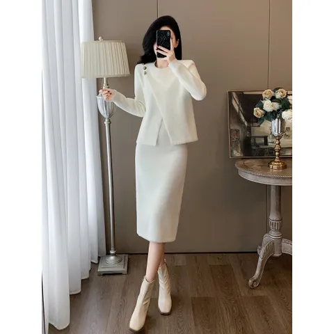 Set Đầm Hai Mảnh Dệt Kim Giả Lông Chồn Cao Cấp Quý Cô Sang Chảnh VL03