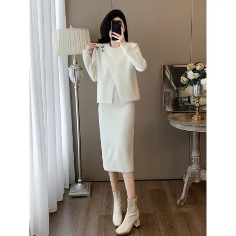Set Đầm Hai Mảnh Dệt Kim Giả Lông Chồn Cao Cấp Quý Cô Sang Chảnh VL03
