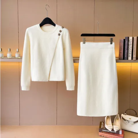 Set Đầm Hai Mảnh Dệt Kim Giả Lông Chồn Cao Cấp Quý Cô Sang Chảnh VL03