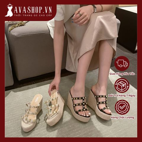 (CHÂN MỎNG LÙI 1 SIZE) Sandal Đế Xuồng Dệt Cói Hở Mũi Đính Tán Thời Trang AG29