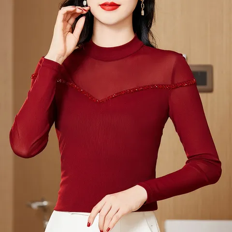 Áo Thun Nữ Lưới Đính Cườm Cổ Tròn SM116