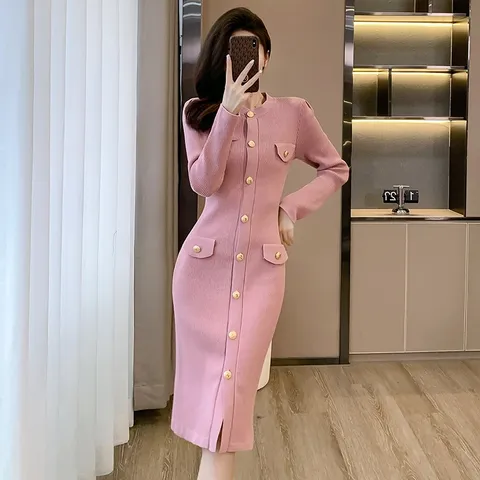 Đầm Len Dài Màu Trơn Cài Cúc Trẻ Trung AL109