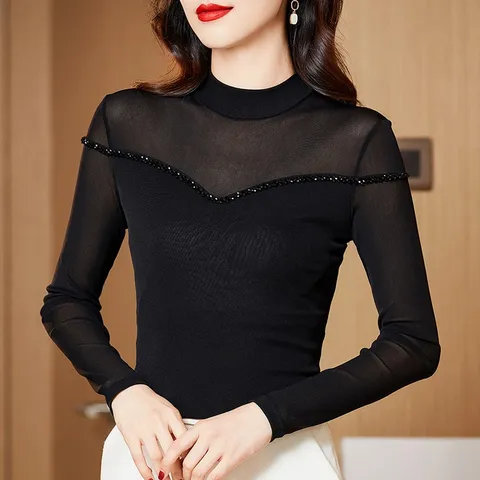 Áo Thun Nữ Lưới Đính Cườm Cổ Tròn SM116