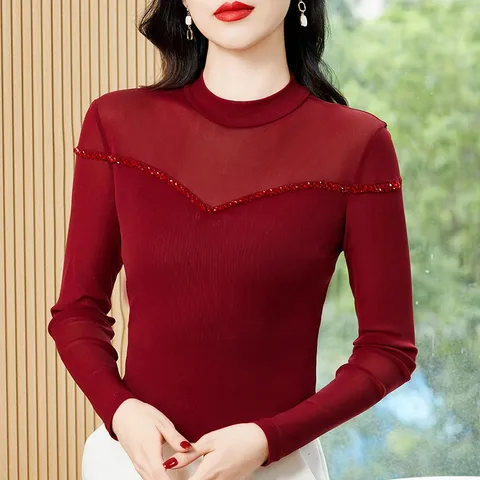 Áo Thun Nữ Lưới Đính Cườm Cổ Tròn SM116