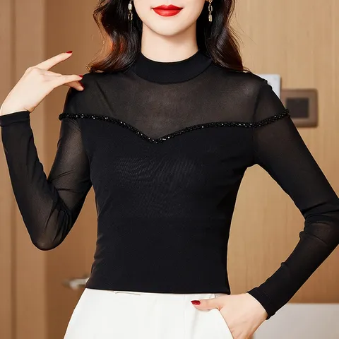 Áo Thun Nữ Lưới Đính Cườm Cổ Tròn SM116